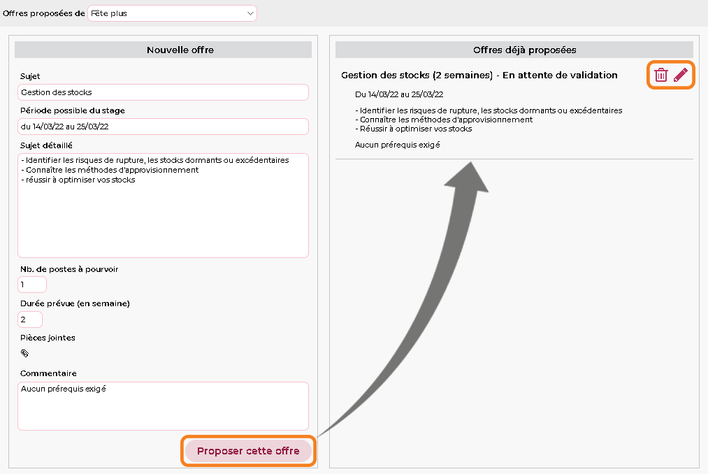 Saisir une offre de stage